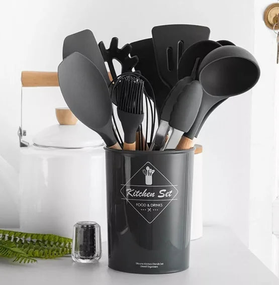 Kit de 12 Utensílios Para Cozinha em Silicone e Cabo de Madeira